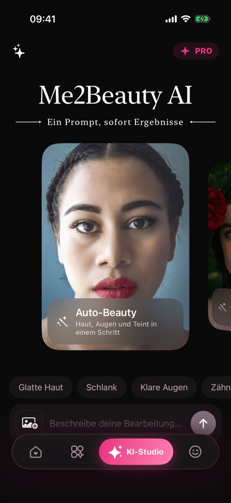 AI Studio: Schreib "Gesicht schmaler" oder "glatte Haut" und du landest direkt beim richtigen Tool.