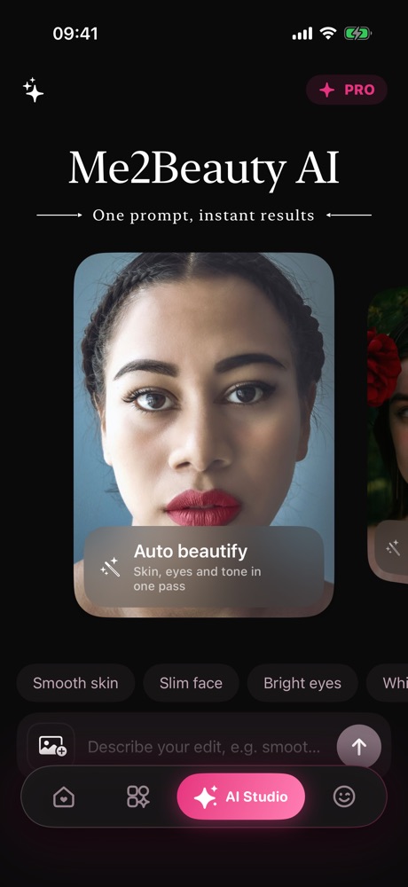 AI Studio: Say "slim my face" or "smooth skin" and it jumps to the right tool.