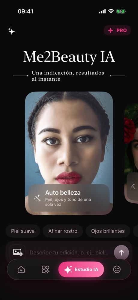 AI Studio: Escribe "afinar rostro" o "piel suave" y te lleva a la herramienta correcta.
