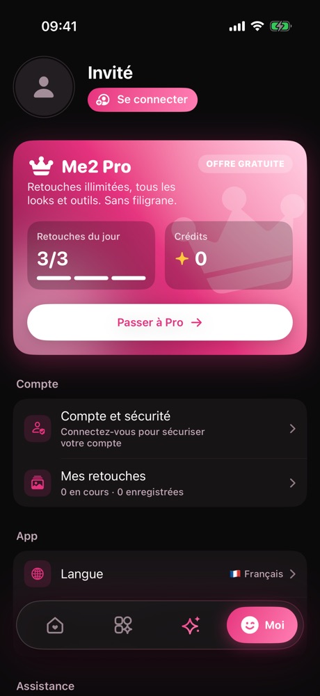 Moi: Des retouches gratuites chaque jour, ou passe Pro pour l'illimité.