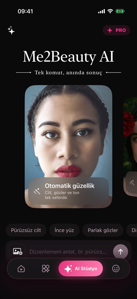 AI Studio: "yüzümü incelt" ya da "cildimi pürüzsüzleştir" yaz, doğru araca ışınlan.